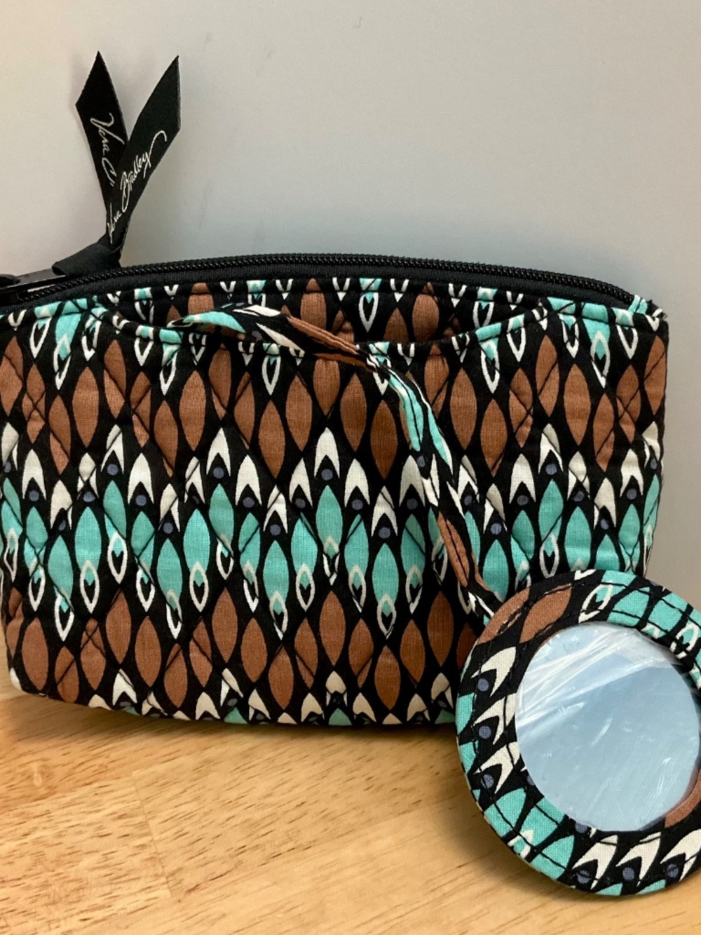 Vera Bradley Quilted Lined Cosmetic Makeup Bag Pouch w/ Mirror Sierra Stream
